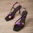 thumbnail image 4 of Purple Women'S Heeled Slides Square Toe Patent Leather Rhinestone Flower Buckle Ankle Strap Solid Color Breathable Sandals For Spring Summer Wear Size 39, 4 of 9