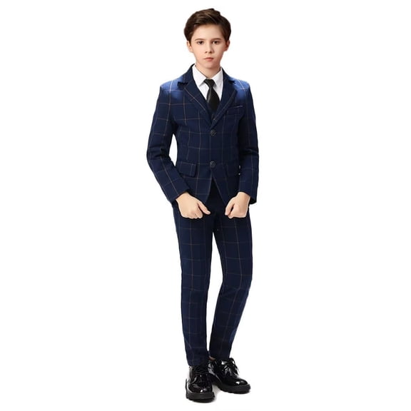 Visaccy Boys Suit Ring Bearer Suit Boy Dressy Outfit Set 5Pcs Formal Suits Set Navy Blue Check Black Tie