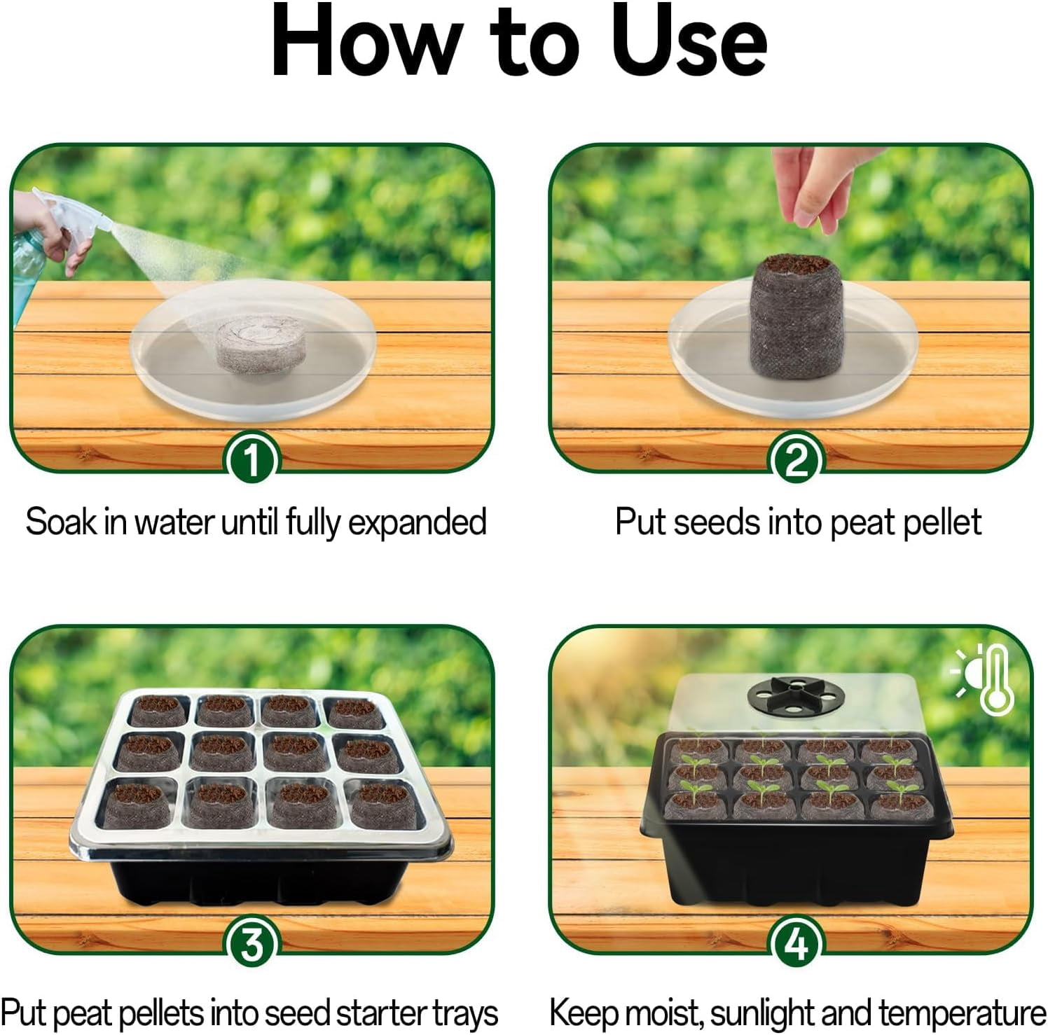 4 Pack Seed Starter Tray with 50 PCS Peat Pellets, 48 Cells Green Seeding Starter Trays for Organic Seed Stater Soil Pods for Planting Vegetables Plants Flowers - Starting Seeds Kit