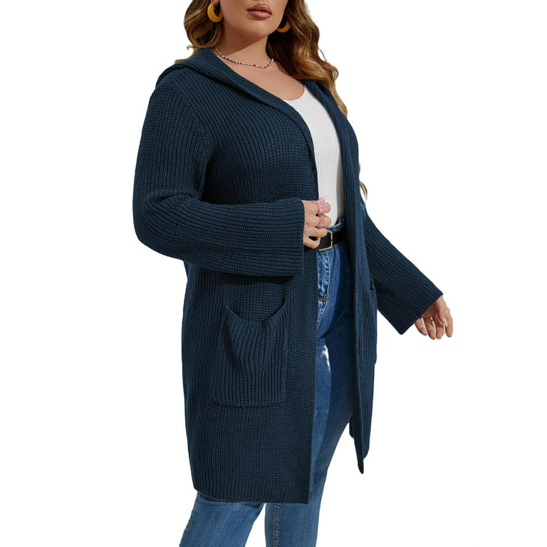 Casual Plain Hooded Cardigan Long Sleeve Navy Blue Plus Size Cardigans (Women's - Walmart.com