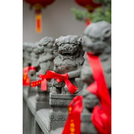 Stone lions with red ribbon Jade Buddah Temple Shanghai China Stretched Canvas - Cindy Miller Hopkins DanitaDelimont (11 x 16)