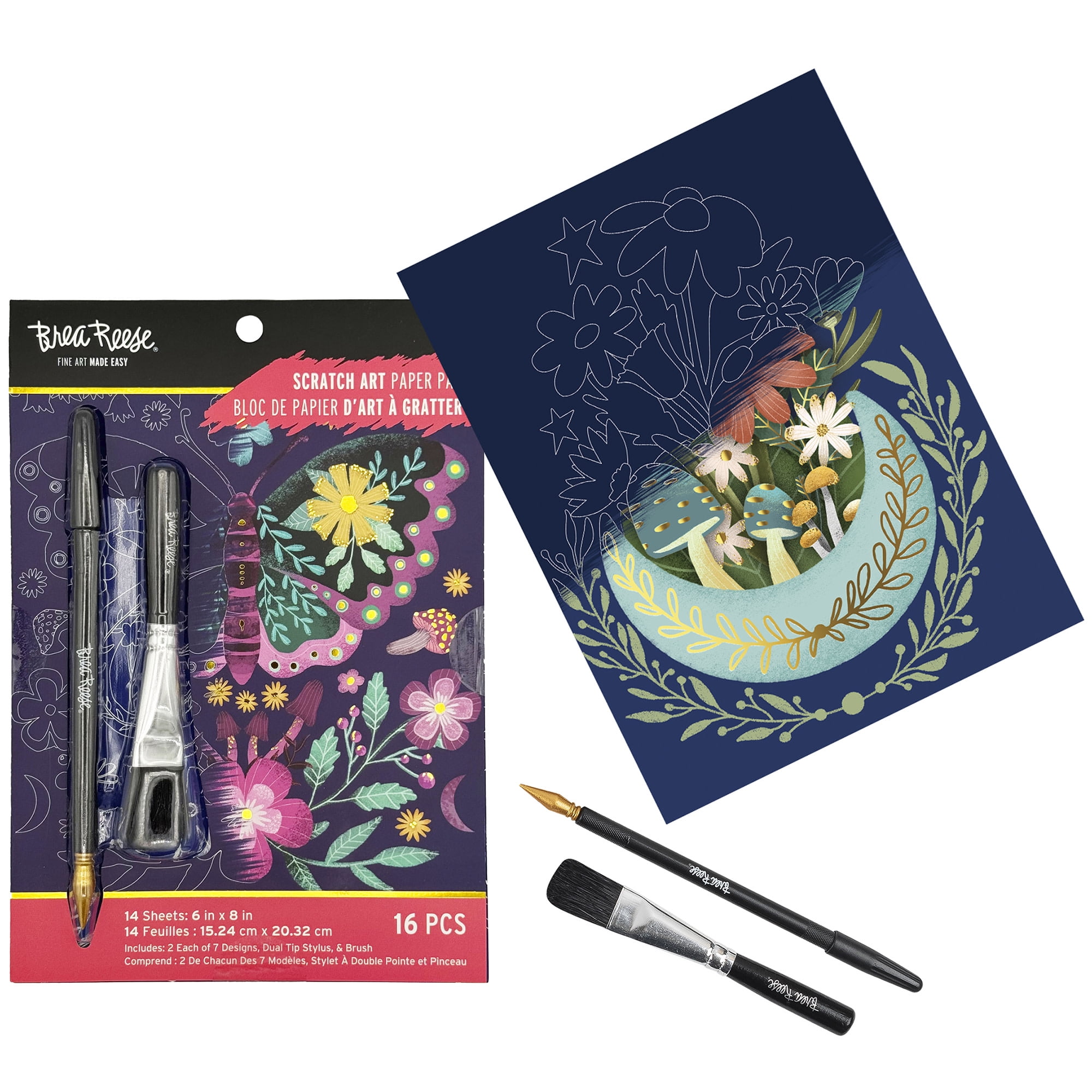 Brea Reese: Scratch Art Paper Pad - Spring Garden - 2 Each of 7 Designs, Metallic Foil, Dual-Tip Stylus & Brush, Easy-to-Frame 6x8 Pages, Adult Craft