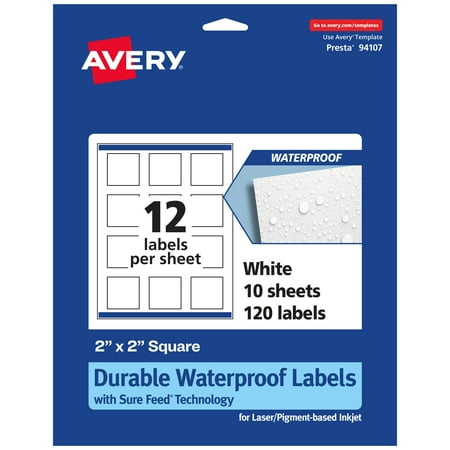 UPC: 0194793907872 | Avery Durable Waterproof Square Labels with Sure Feed  2  x 2   120 Oil and Tear-Resistant Waterproof Labels  Print-to-the-Edge  Laser/Pigment-Based Inkjet Printable Labels