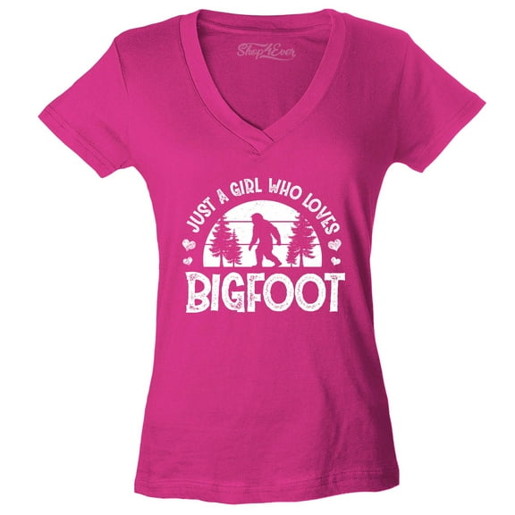 Shop4Ever Women's Just A Girl Who Loves Bigfoot Slim Fit V-Neck T-Shirt Large Pink