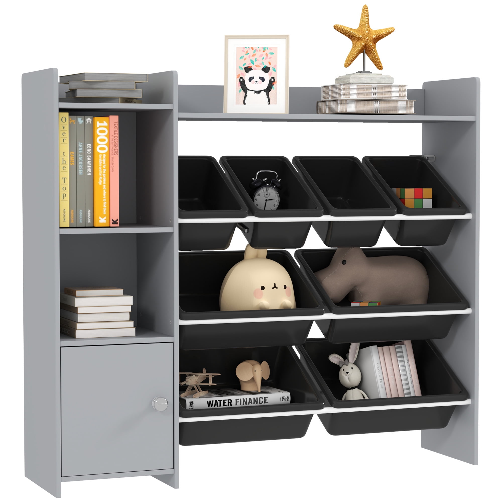 Qaba Toy Storage Organizer, Toy Organizer with 8 Bins, 2 Storage Cubbies, Shelf, Drawer, for Kids Room, Playroom, Nursery, Gray