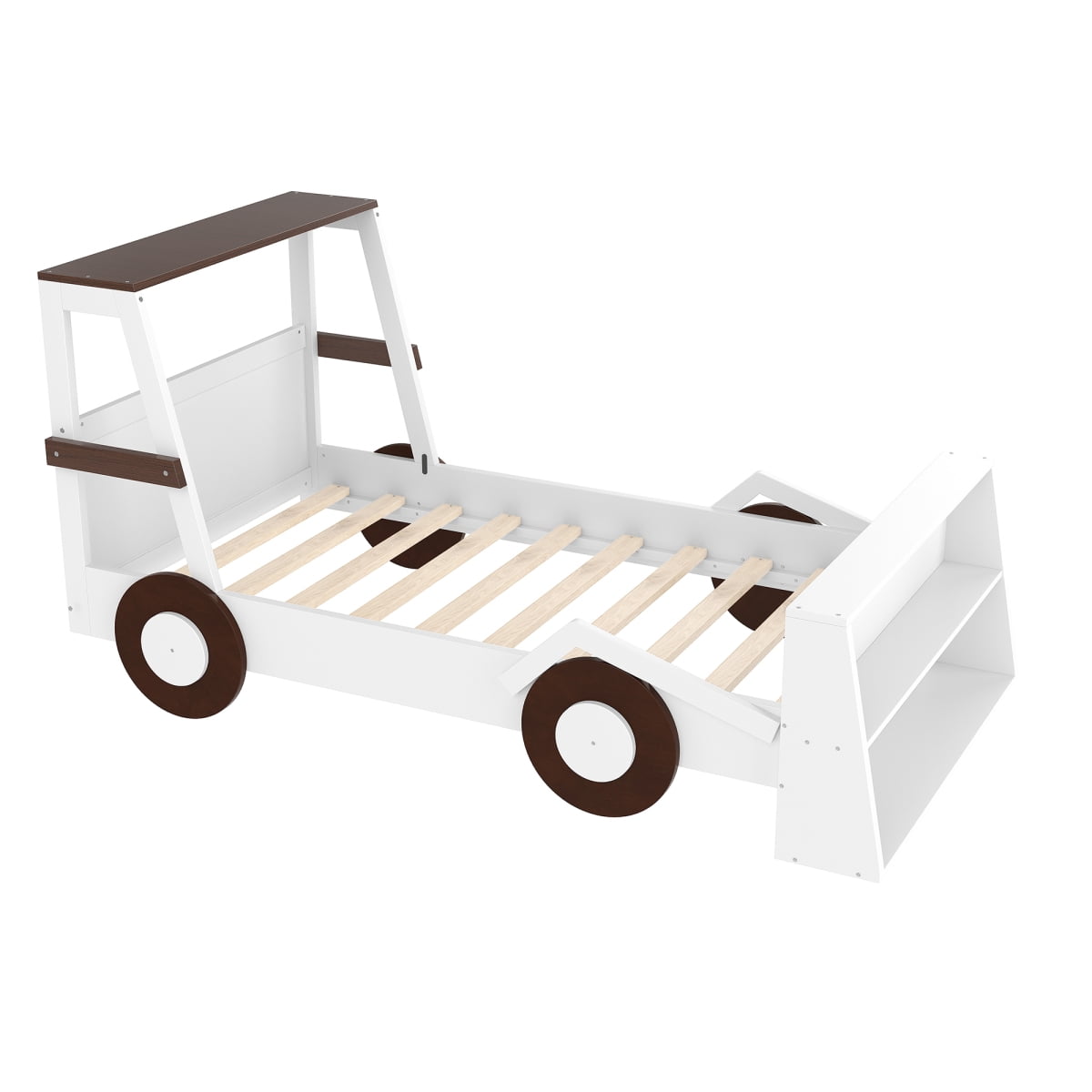 Luckynote Twin Car Bed, Platform Design with Storage Shelves, Themed Race Car Shape for Themed Rooms, Brown & White