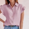 thumbnail image 2 of Fesfesfes Pink Shirt Women Short Ruffled Sleeve V Neck Button Up Blouse Casual Summer Tops 6(M), 2 of 9