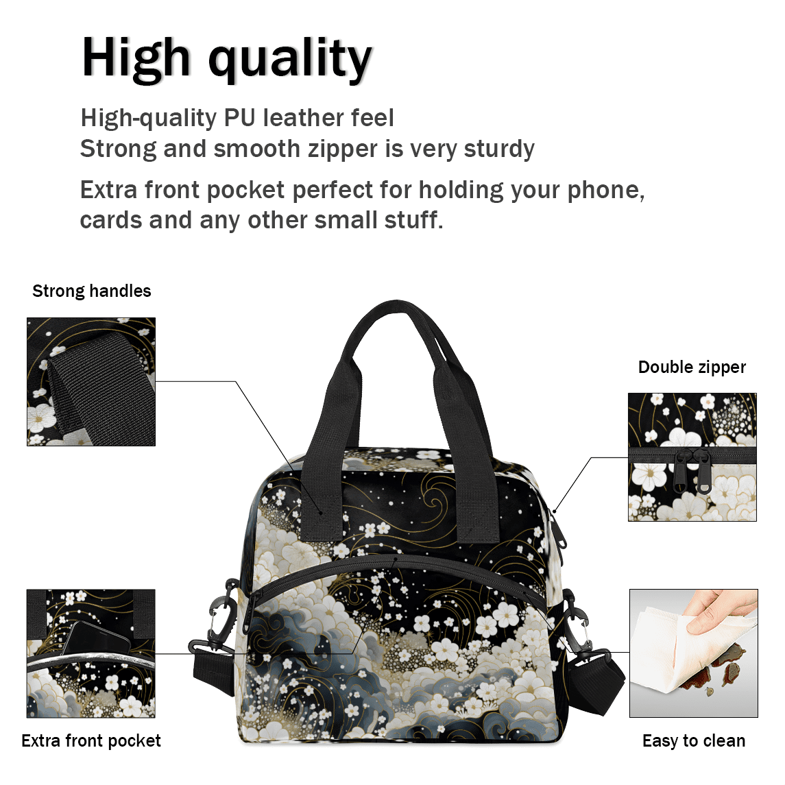 Herdesigns Floral Black White Insulated Lunch Bag for Women Men Adults Large Reusable Lunch Box Flowers Leakproof Cooler Tote Bags with Adjustable Shoulder Strap
