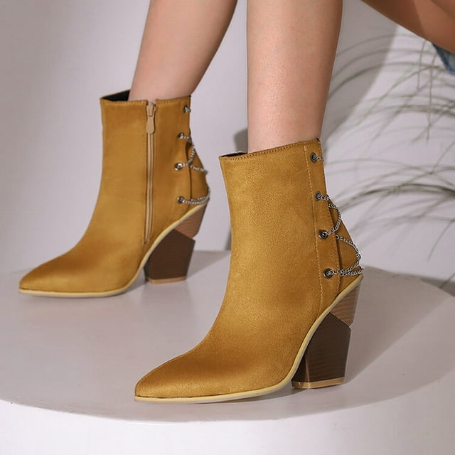 YOUSNH Ladies Simple Solid Colour Metal Decoration Colour Blocking Comfortable Heel Mid Calf Pointed Toe Large Size Boots Ankle Boots Short Boots Women's Boots Yellow 7