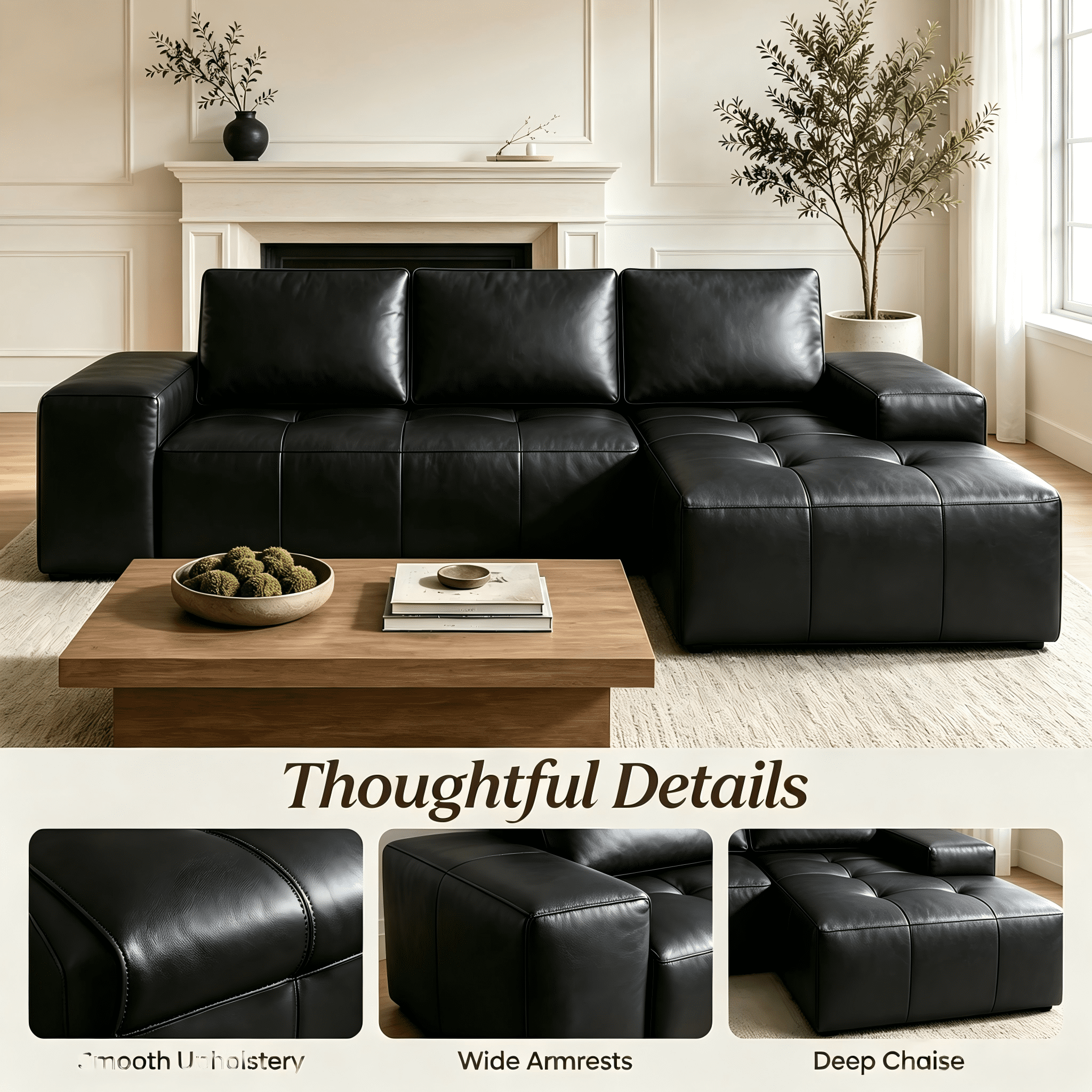 Aenkyo 114" Faux Leather L-Shaped Sectional Sofa with Right Hand Chaise, Boneless Modular Couch, Black