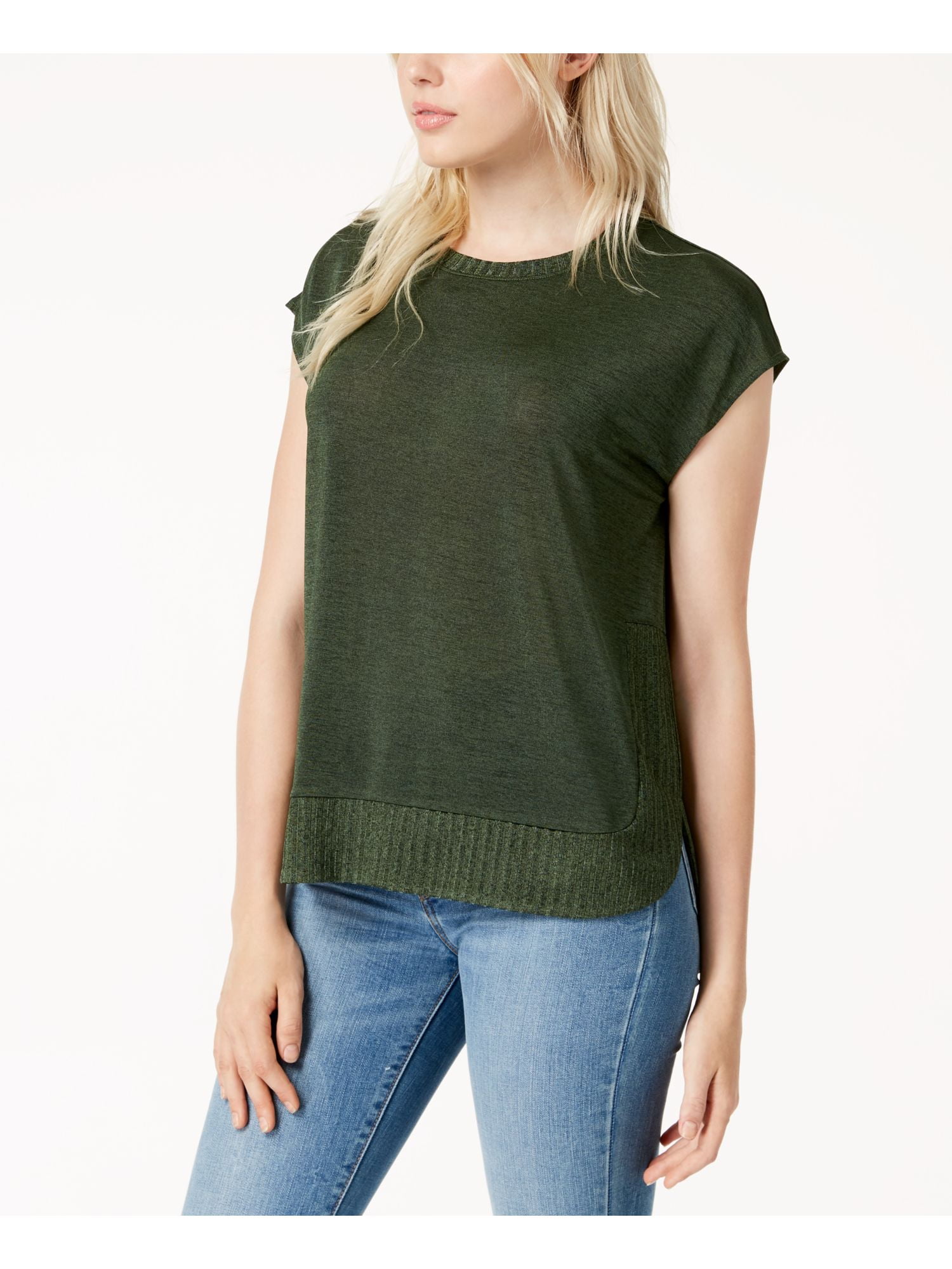 Bar III BAR III Womens Green Ribbed Trim Sleeveless Crew Neck Sweater