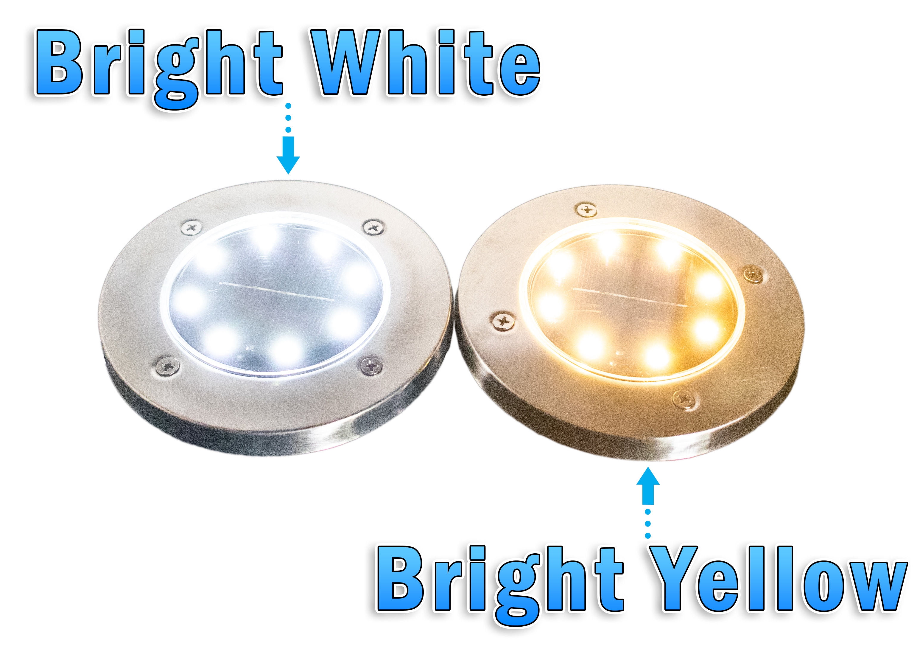Solar Powered Disk Path Ground Lights - 4 Bright LED's - Flush Flat Outdoor Indoor Waterproof Garden Landscape Spike Yard Disc Lights - 4 Pack Bright White
