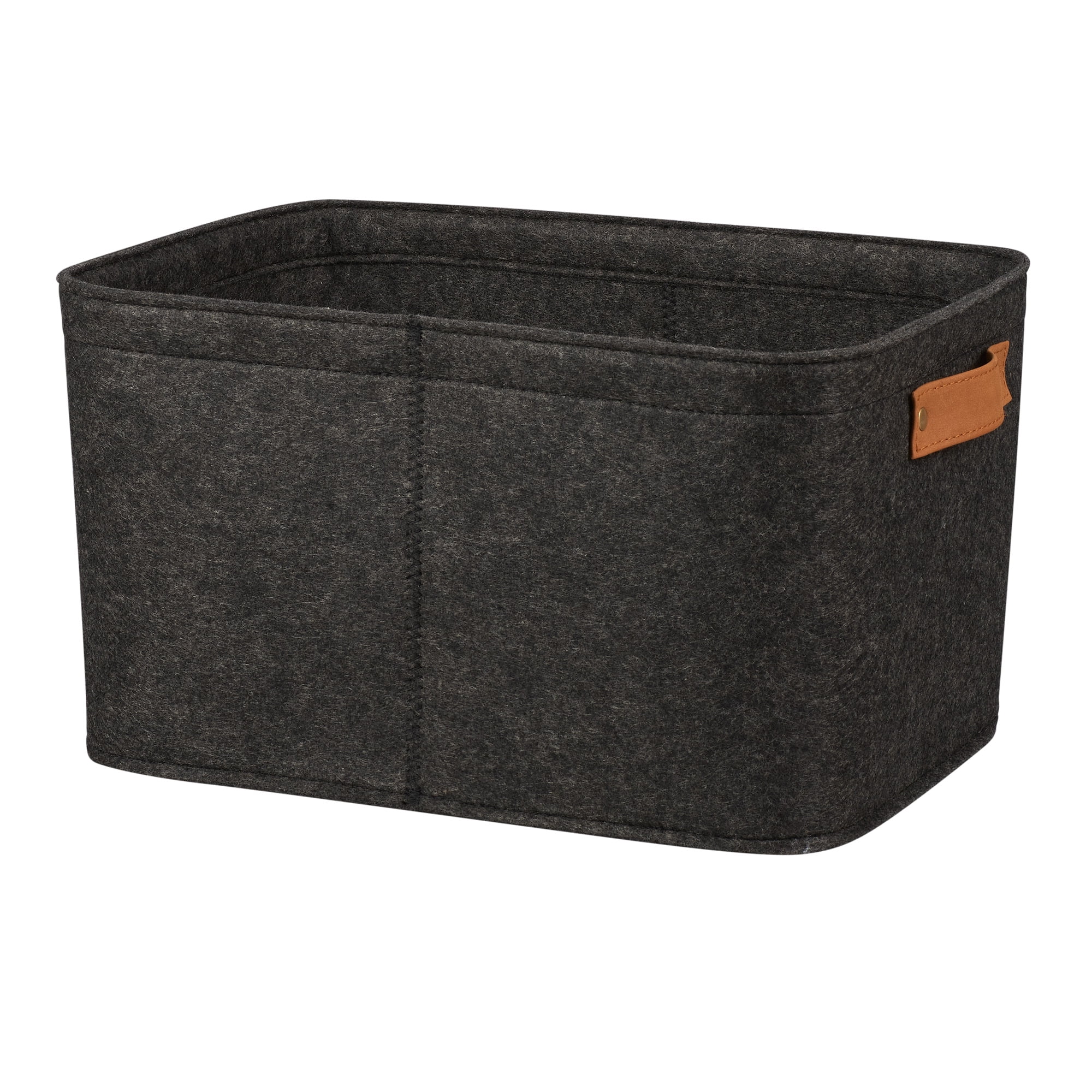 (3 pack) Mainstays Medium Gray Felt Decorative Storage Basket with Faux Leather Handles, 15 in x 11.02 in x 7.87 in
