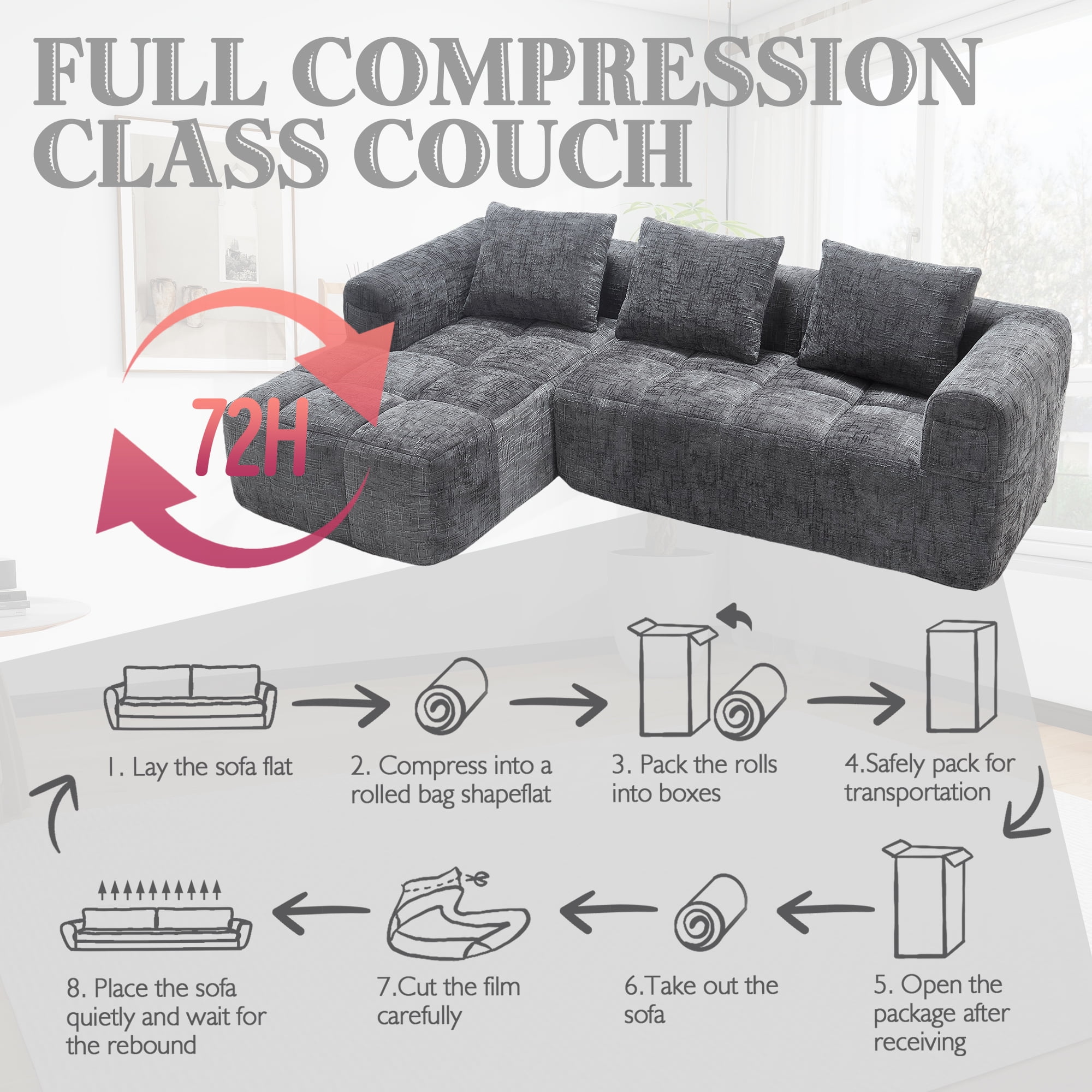 MOONMISS Chenille Upholstered Modern Modular L-shaped Sectional Compression Sofa with 3 Pillows-Gray