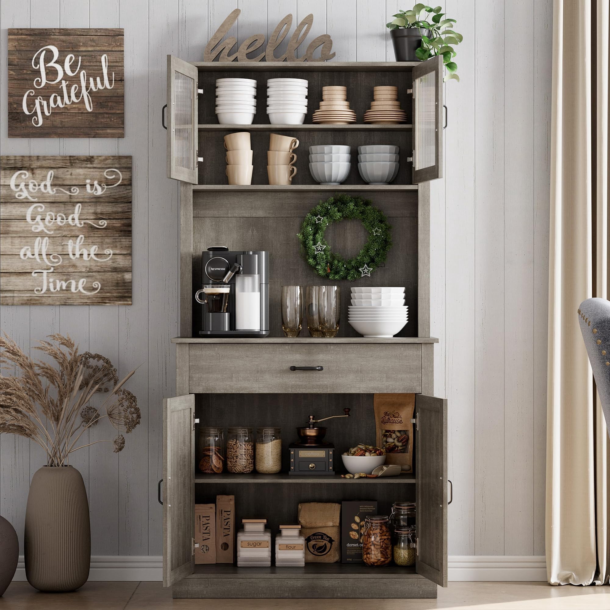 Huisuilinss Kitchen Pantry,71" Tall Pantry Storage Cabinet With Microwave Stand,Kitchen Hutch Cupboard,Freestanding Sideboard Buffet With Drawer,Shelves And Glass Doors,Coffee Bar For Home Dining Room