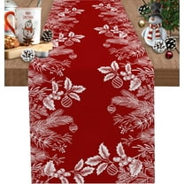 Red Christmas Table Runner, Floral Pine Leaf Xmas Balls Cotton Linen Tablecloth Holiday Farmhouse Table Decor for Home,Kitchen,Dining Room,Indoor,Outdoor,13X90 Inches Long, White Winter Holidays