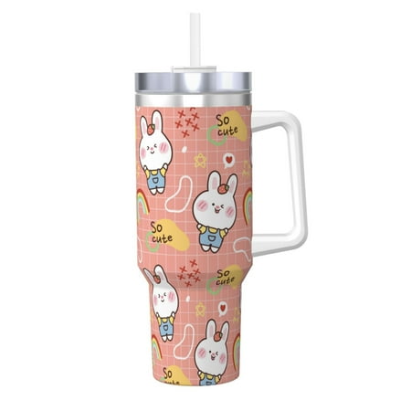 

Fuzoiu Rabbit So Cute Print 40OZ Ice Bully Stainless Steel Insulated Cup with Handle and Straw - Perfect for Travel and Sports