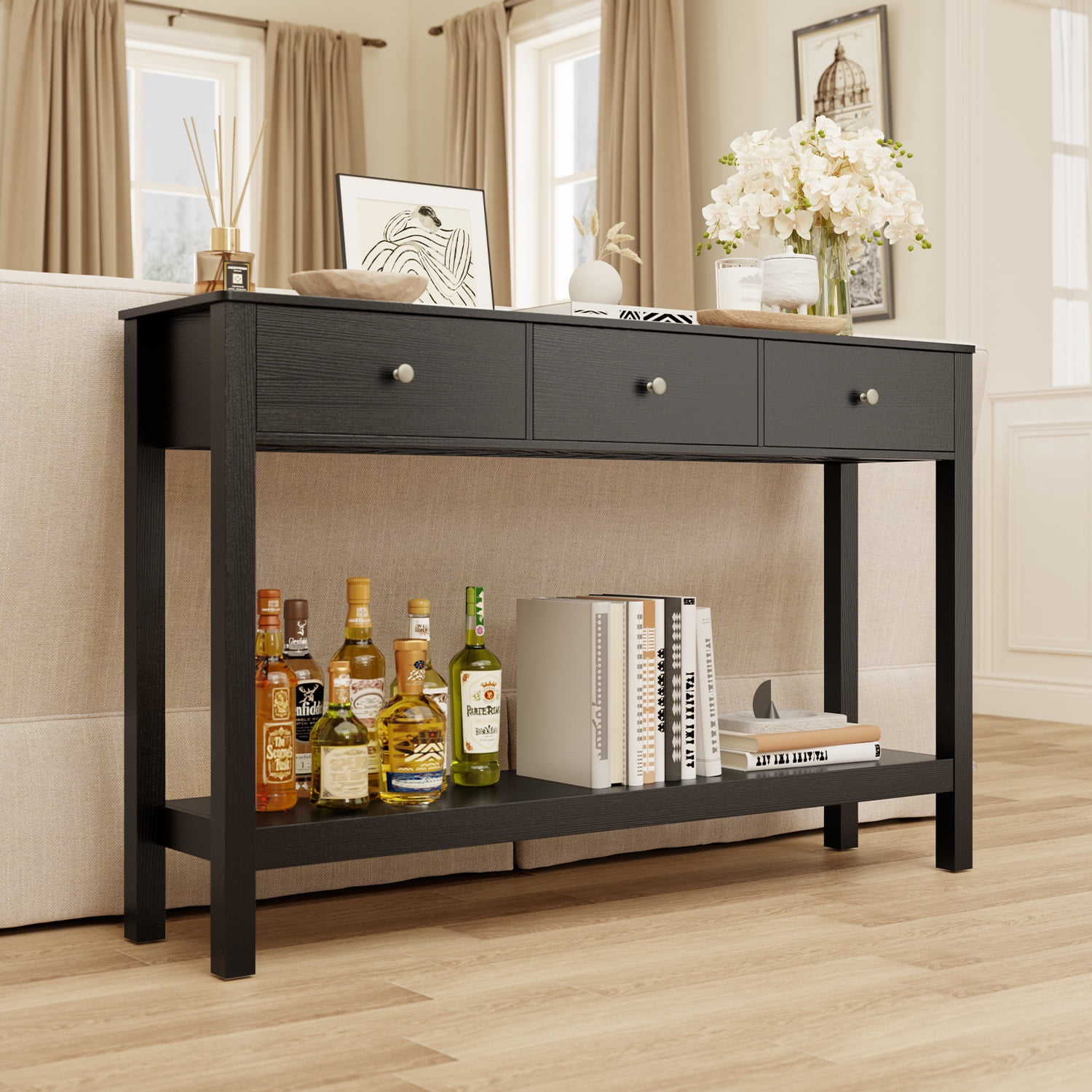 Asofer 3 Drawer Wooden Sofa Table, Modern Accent Console Table with Metal Round Handles for Entrance Hall, Black