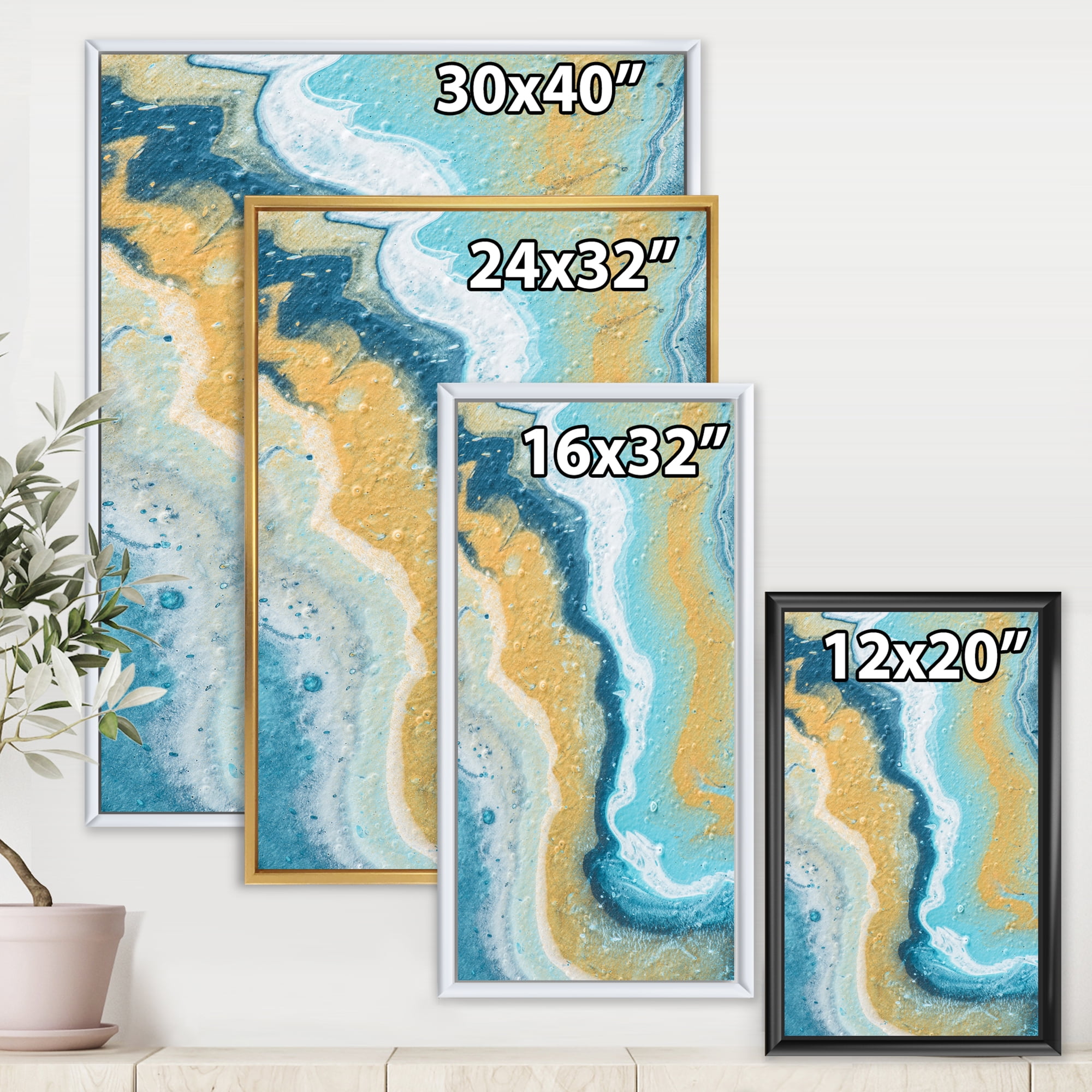 Abstract Marble Composition In Blue and Yellow III 16 in x 32 in Framed Painting Canvas Art Print, by Designart