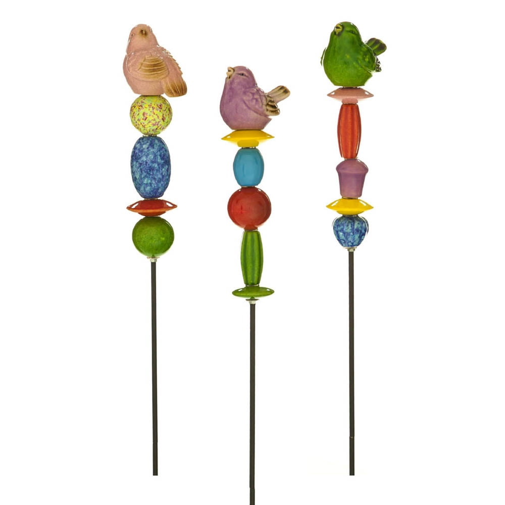 Evergreen Ceramic Bird Garden Stake Totems, Set of 3