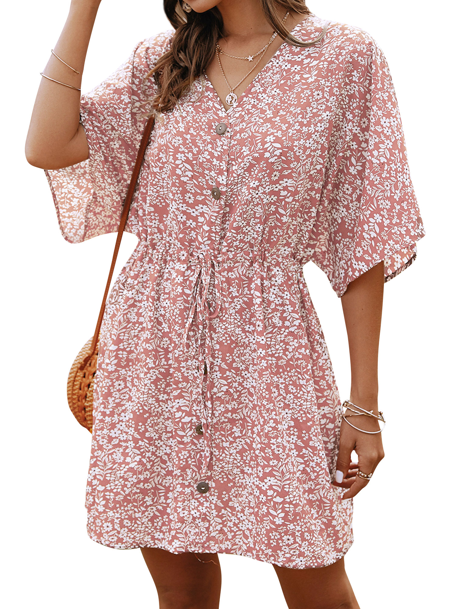 ZXZY Women Floral Printed Buttons Tie Waist Short Sleeves Mini Dress - image 3 of 12