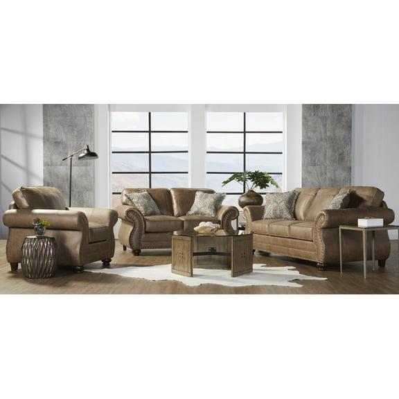 Roundhill Furniture Leinster Faux Leather 3-Piece Sofa Set With Antique Bronze Nailheads In Jetson Ginger