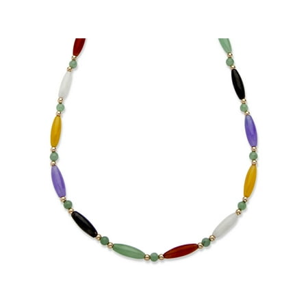 - Multicolor Jade Beaded and Barrel Shaped Link Necklace in 14k Yellow Gold 18