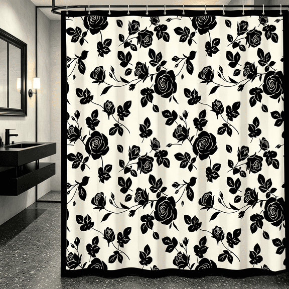 MIZHONA Black and White Shower Curtain Vintage Rose Floral Waterproof Fabric Bathroom Curtain 72x72 in