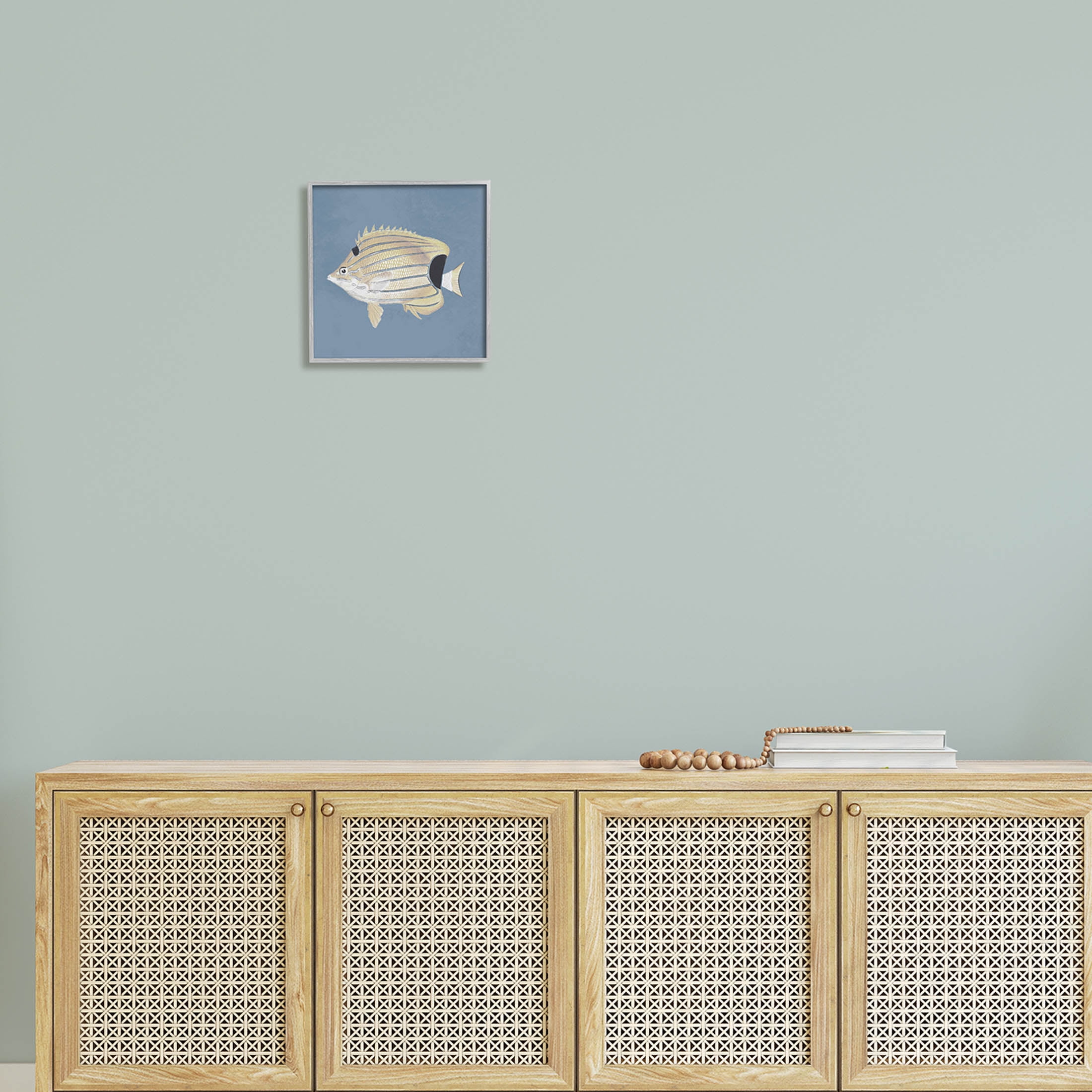Striped Fish Portrait Blue Background Animals & Insects Graphic Art Gray Framed Art Print Wall Art