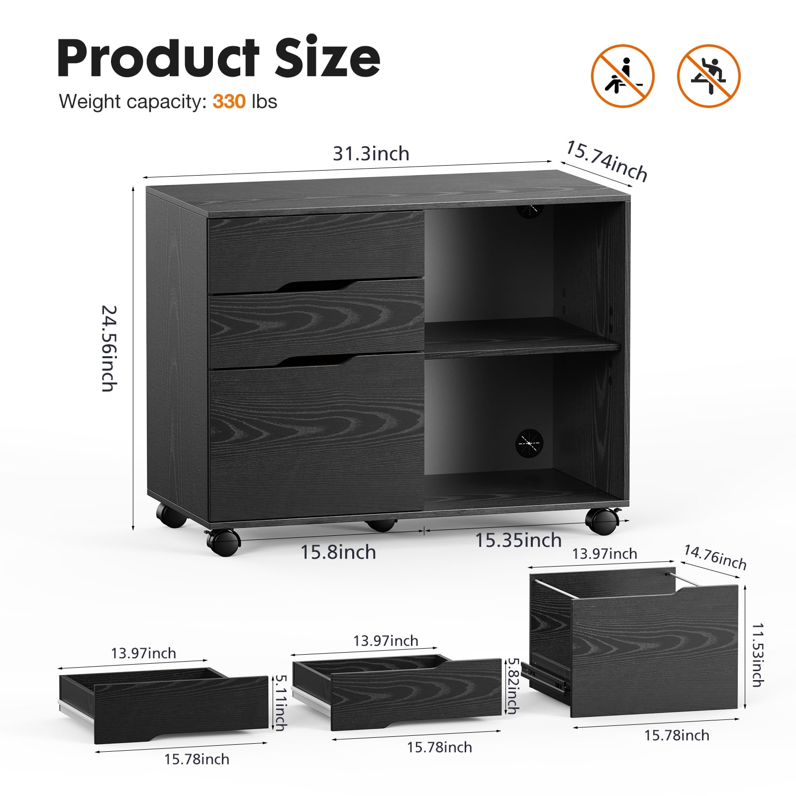 ZUNMOS Filing Cabinet, 3-Drawer File Cabinet for Home Office, Mobile Lateral Filing Cabinet, Printer Stand with Open Storage Shelves for Kids Room, Small Space