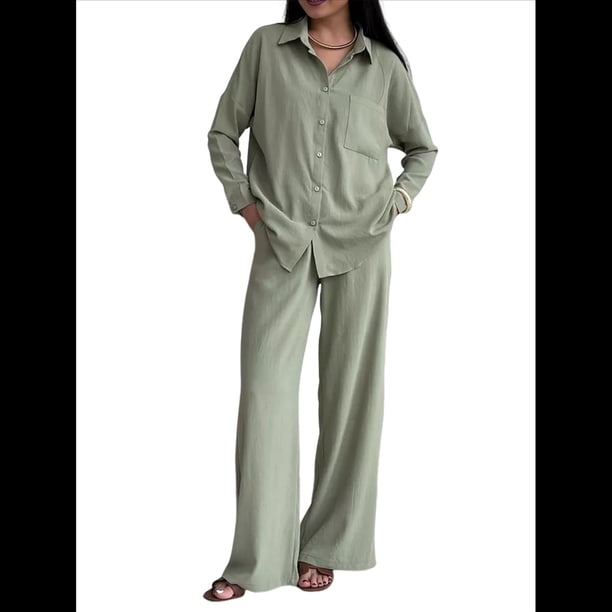 Conjuntos Casuales de Salón para Mujer, Camisas de Larga con Botones y Pantalones de Pierna , Conjuntos de Chándal Verde XL