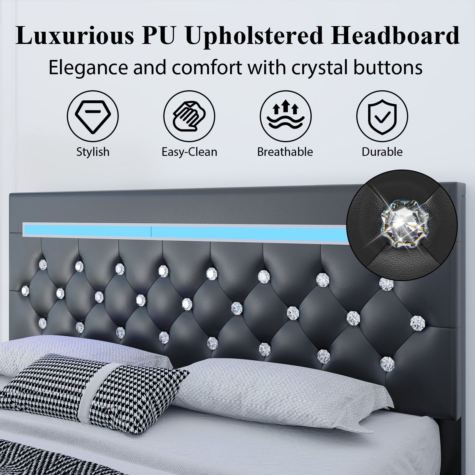 Queen Size Faux Leather LED Bed Frame with Adjustable Headboard Upholstered Platform Bed with Charging Station Diamond Button Tufted Style, Black