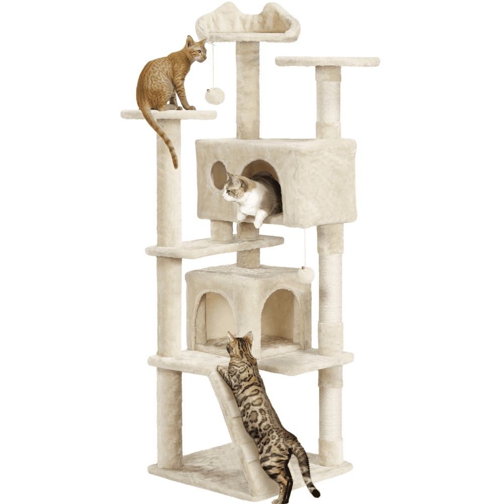 Alden Design 62''H Double Condo Cat Tree with Scratching Post Tower, Beige