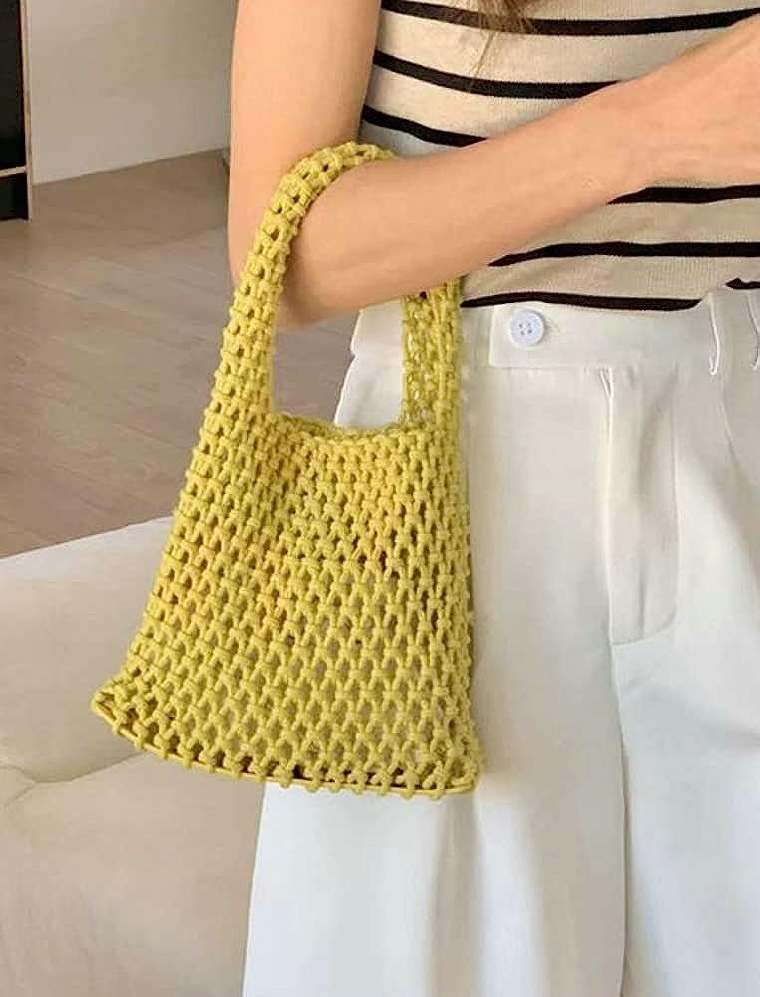 Kukuzhu Handwoven Hobo Bag for Women Bucket Bag Cotton Rope Crochet Totes Hollow String Handbags Summer Beach Purses