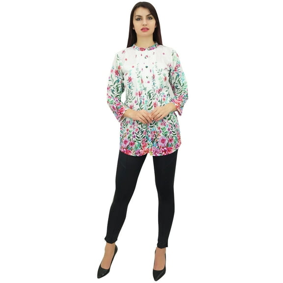 Phagun Womens Floral Printed White Full Sleeve Casual Tunic Top Blouse Shirt - 4