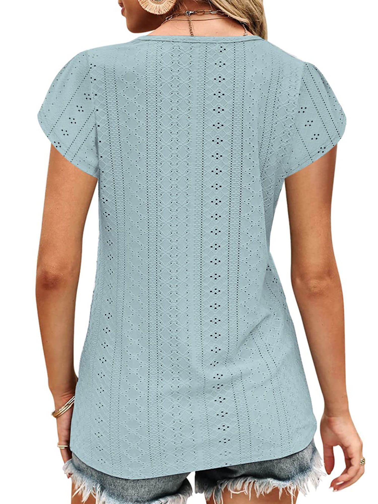 TEMOFON Women T-shirts Summer Short Sleeve Tops Casual Ruffle Sleeve Tunic Tops Trendy V Neck Tops Loose Ladies Shirts Blouses Blue 3XL