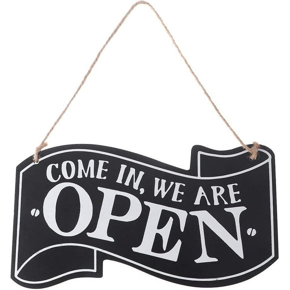 Wooden Open and Closed Two Sided Sign with Rope for Hanging Vintage Business Sign (Black)