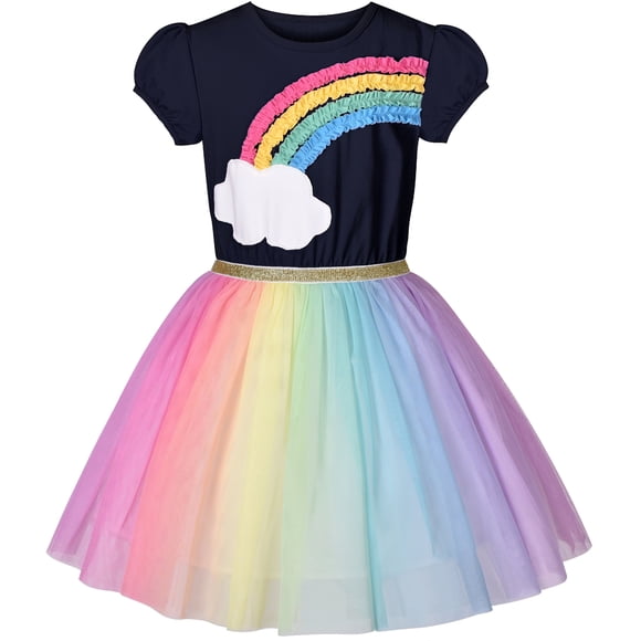 Vestido de Niña Azul Marino de Manga Corta Falda de Tul Arcoíris Fiesta de Cumpleaños 7 Años