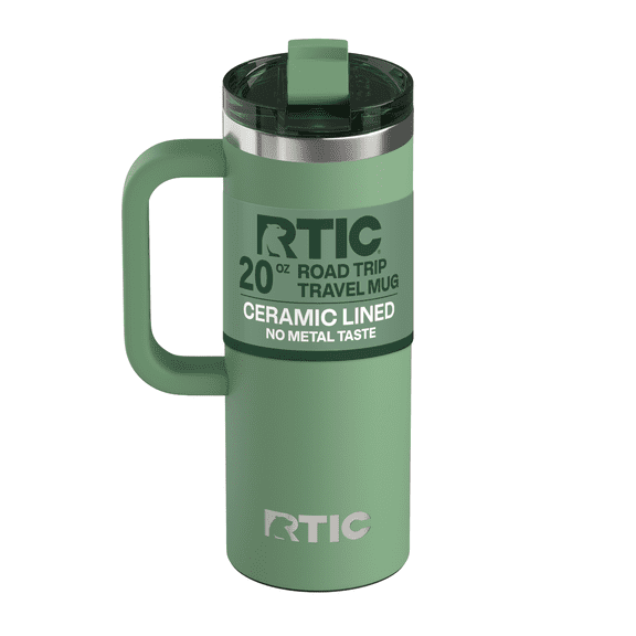 RTIC 20 oz Ceramic Lined Insulated Road Trip Travel Mug, Leak-Resistant Lid, Sage