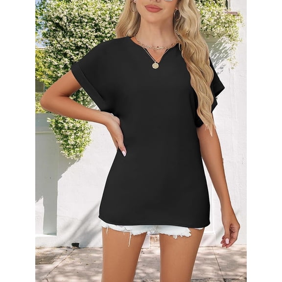 Women's Casual Ruffled V Neck Chiffon Blouse Short Sleeve Office Work Elegant Shirt Vintage Basic Tops