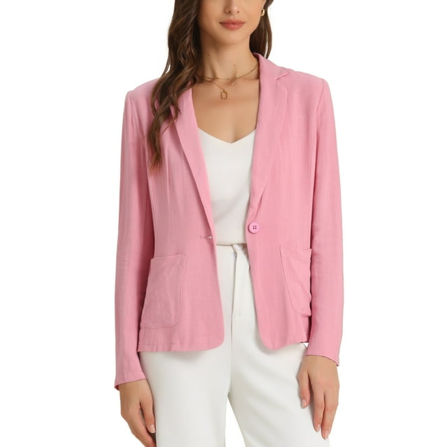 Blazer de lino INSPIRE CHIC para mujer, chaquetas de traje de solapa de muesca con un botón, L rosa