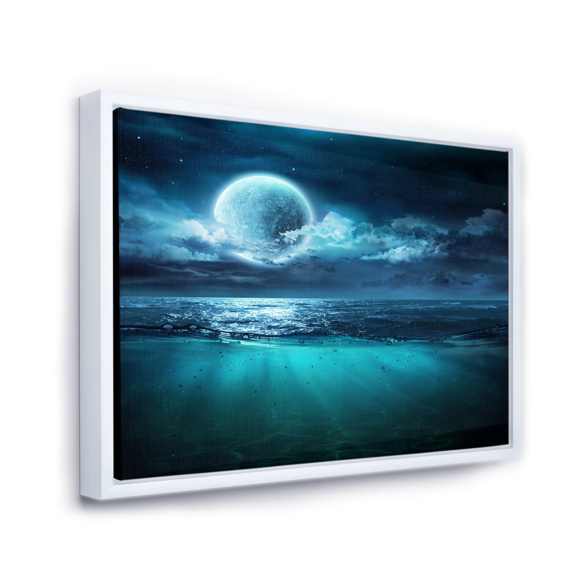 Designart 'Romantic Moon and Clouds Over Deep Blue Sea II' Nautical & Coastal Framed Canvas Wall Art Print