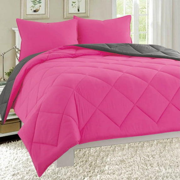 Dayton Queen Size 3-Piece Reversible Comforter Set Soft Brushed Microfiber Quilted Bed Cover Hot Pink & Gray