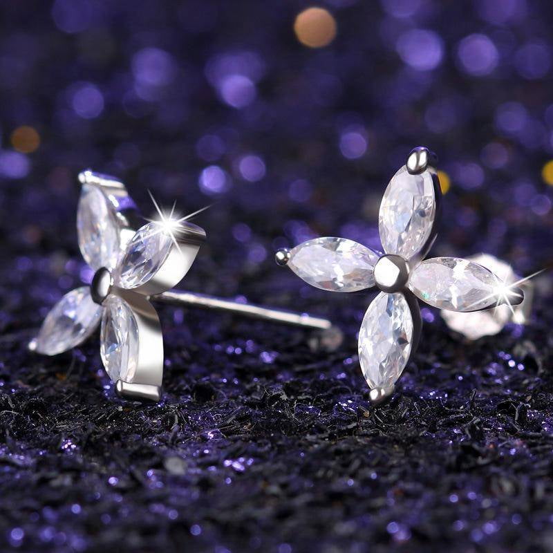 Sparkling Cubic Zirconia Flower Stud Earring Women Jewelry 14K White Gold Plated 