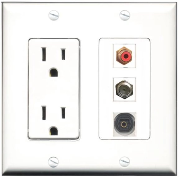 RiteAV - 15 Amp Power Outlet 1 Port RCA Red 1 Port Coax 1 Port Toslink Decorative Wall Plate