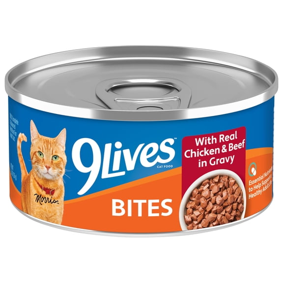 9Lives Bites Wet Cat Food With Real Chicken & Beef in Gravy, 5.5 oz. Can