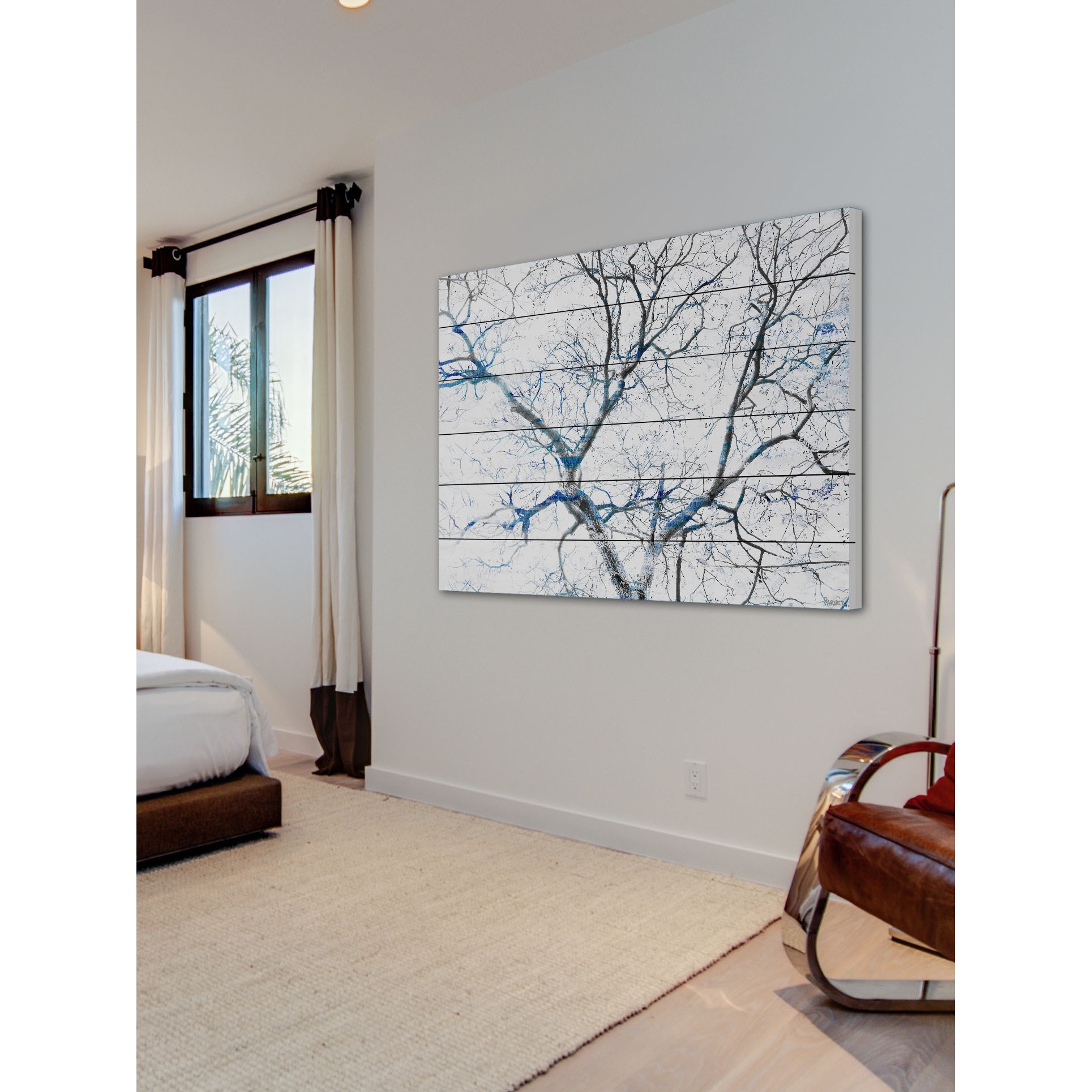 Parvez Taj  - Blue Branches Painting Print on White Wood - Multi-Color 36 x 24