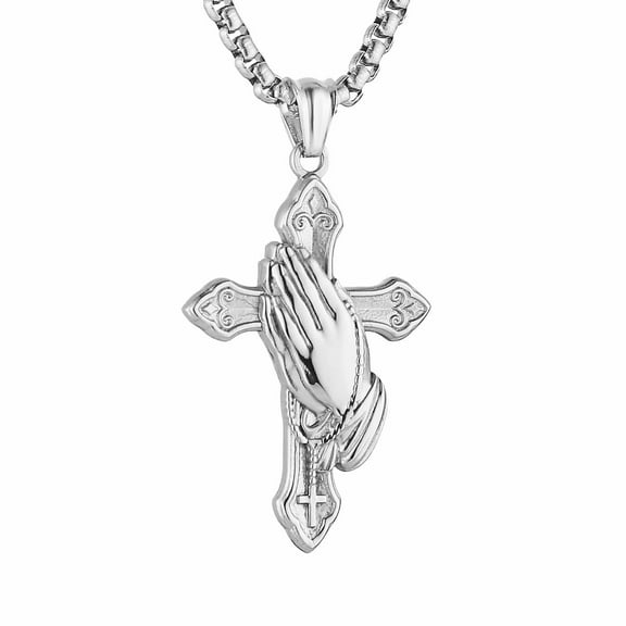 HZMAN Praying Hand Cross Necklace for Men Stainless Steel Retro Small Prayer Hands Pendant Christian Jewelry Gift (Silver)