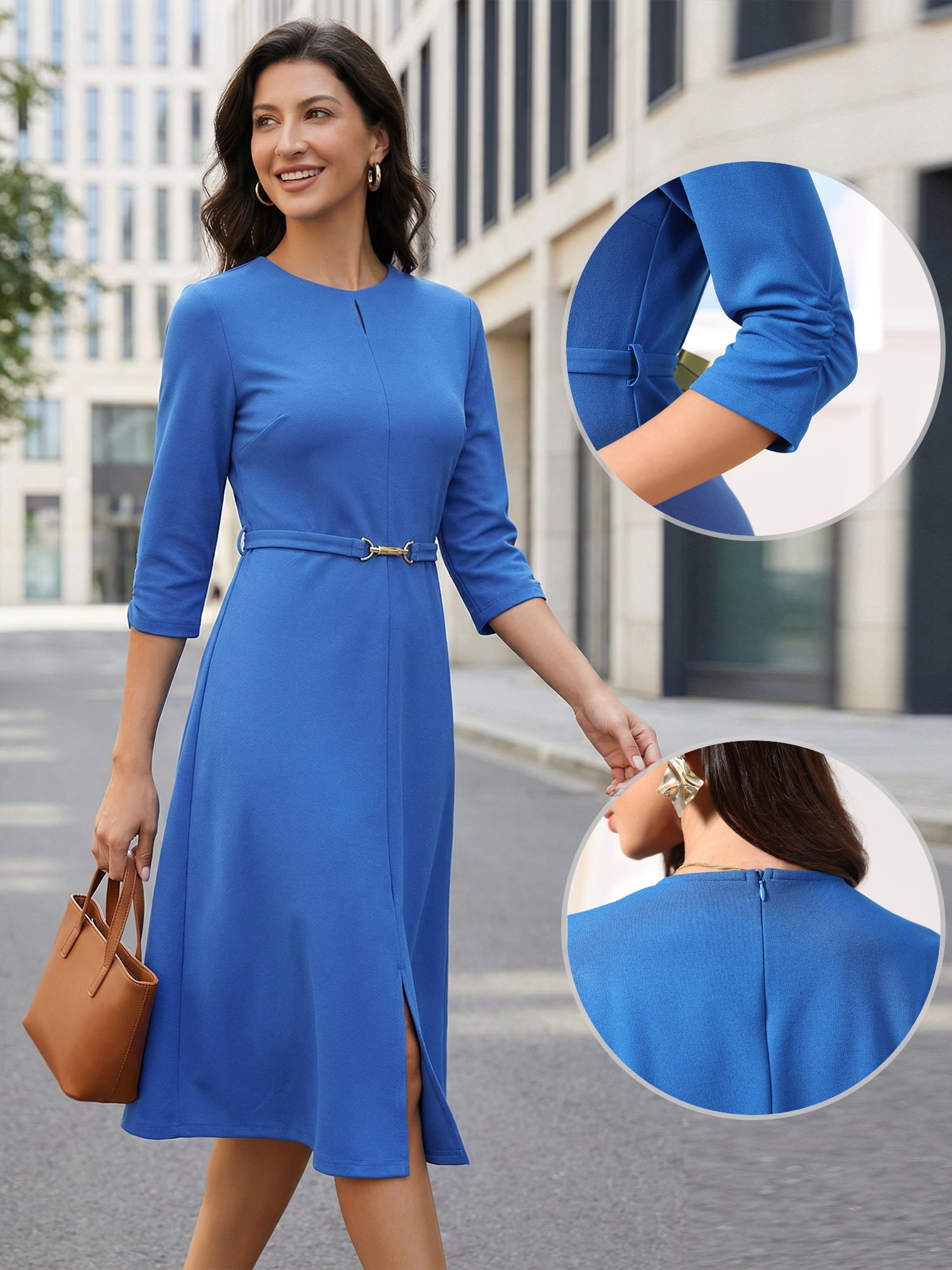 DARING DIVA Women's Outfit A-Line Keyhole Neck Spring Classy Midi Dresses for Work L Royal Blue