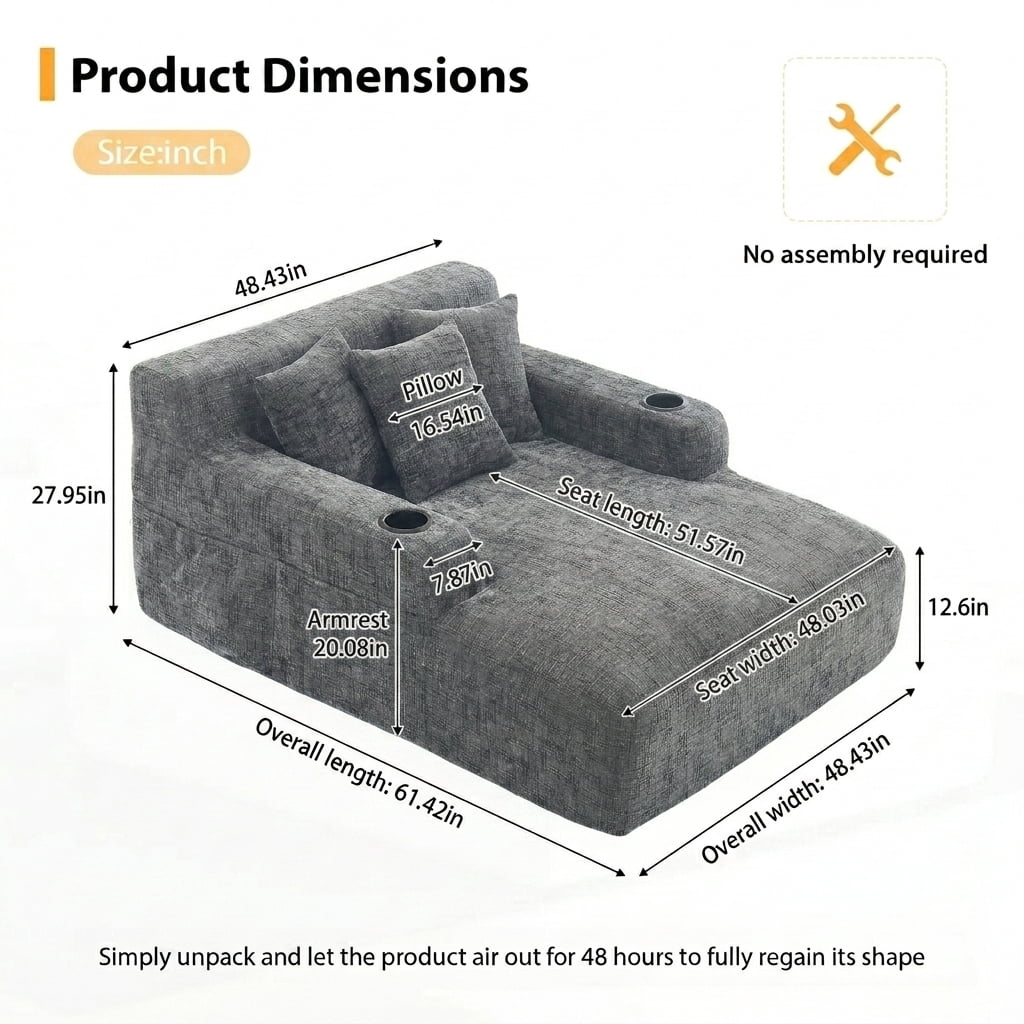 MOONMISS Chenille Chaise Lounge Chair Indoor, Single Sleeper Sofa Chair with Pillows & Cup Holders, Comfy Compression Sofa Bed for Living Room, Bedroom
